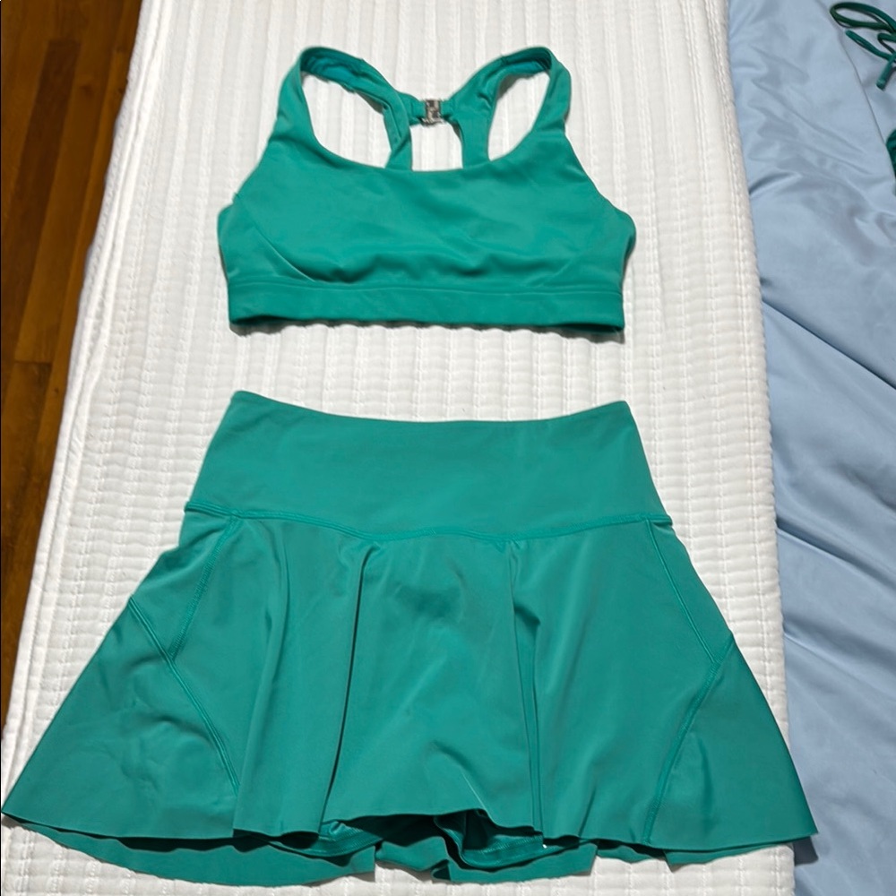 Teal Athleta Sports Bra and Ace tennis Skirt Set